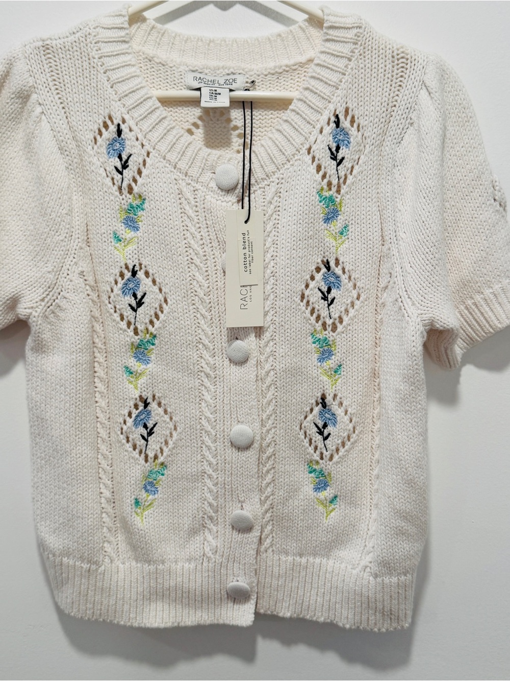 Rachel Zoe Women's Cream Short-Sleeve Knit Cardigan with Floral Embroidery
